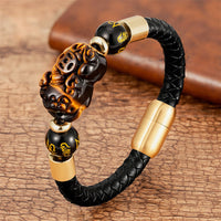 KarmaRipples Tigerauge, schwarzer Onyx, roter Achat, PiXiu, Bronzemünze, Om Mani Padme Hum, Stärke, Lederarmband
