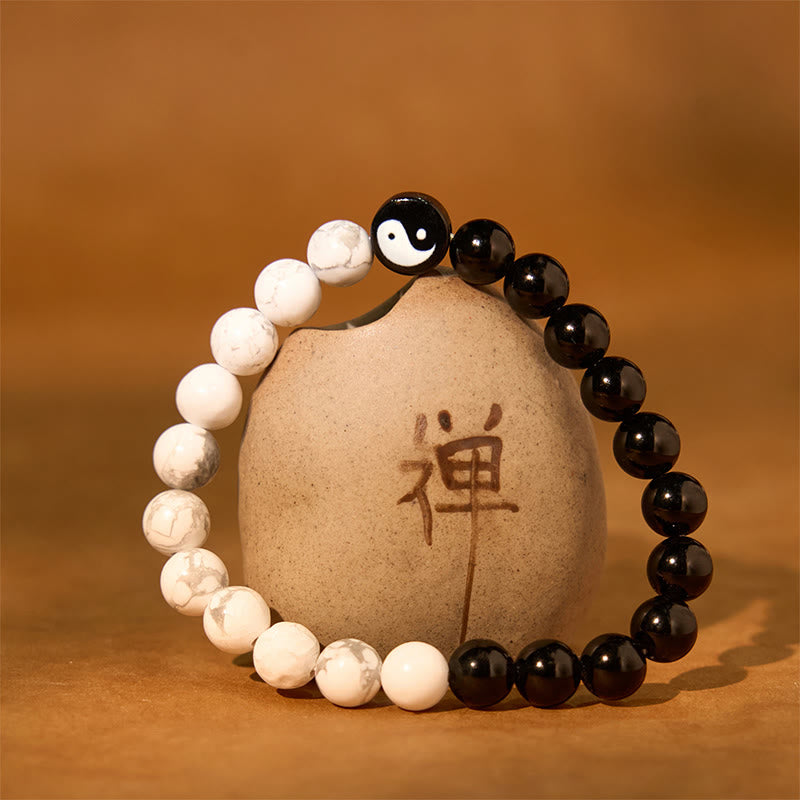 KarmaRipple's Authentic Obsidian Ivory Turquoise Yinyang Tai Chi Strength Bracelet p2