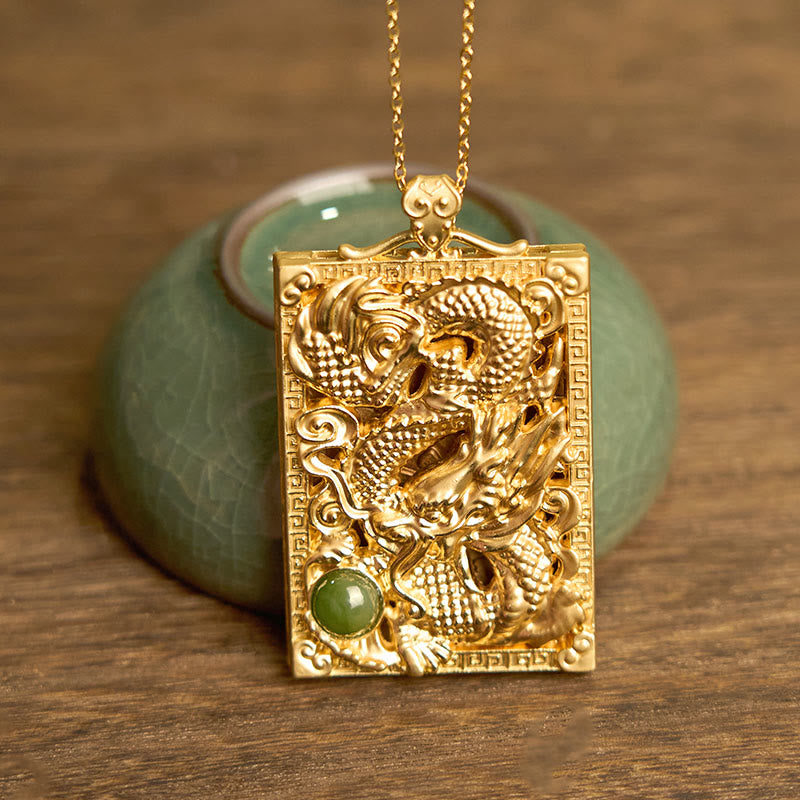 KarmaRipple's Dragon Gold Plated Bronze Hetian Jade Strength Pendant Necklace p3