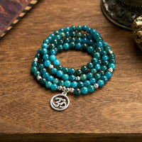 KarmaRipples 108 Mala-Perlenarbeit mit Apatitperlen, Om, dem Baum des Lebens, Lotus-Buddha-Armband
