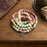 KarmaRipples 108 Mala Rhodonit Amazonit Perlenstickerei Lotus Mitgefühl Armband