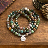 KarmaRipples 108 Mala-Perlenarmband mit authentischem indischen Achat und Lotus-Anhänger, Ruhe