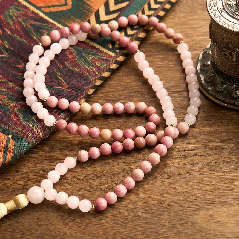 KarmaRipple's 108 Mala Beadwork Rhodonite Rose Quartz Tassel Balancing Bracelet p5