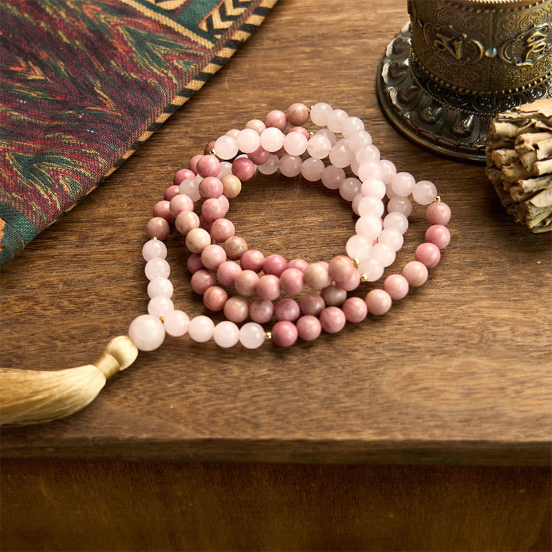 KarmaRipple's 108 Mala Beadwork Rhodonite Rose Quartz Tassel Balancing Bracelet p7