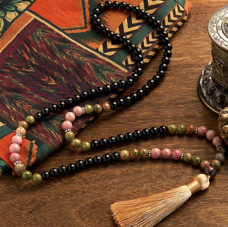 KarmaRipple's 108 Mala Beadwork Black Jasper Rhodonite Khaki Tassel Balancing Bracelet p2