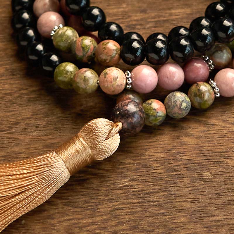KarmaRipple's 108 Mala Beadwork Black Jasper Rhodonite Khaki Tassel Balancing Bracelet p8