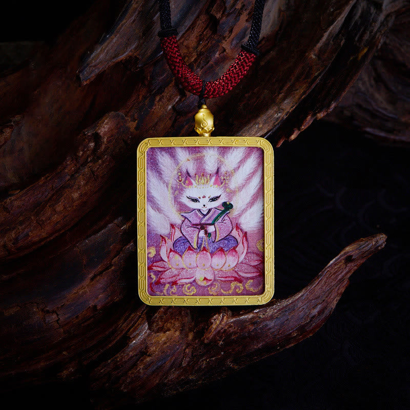 KarmaRipple's Tibetan Zakiram Nine Tailed Fox Yellow God of Wealth Painted Thangka Hope Pendant Necklace p1