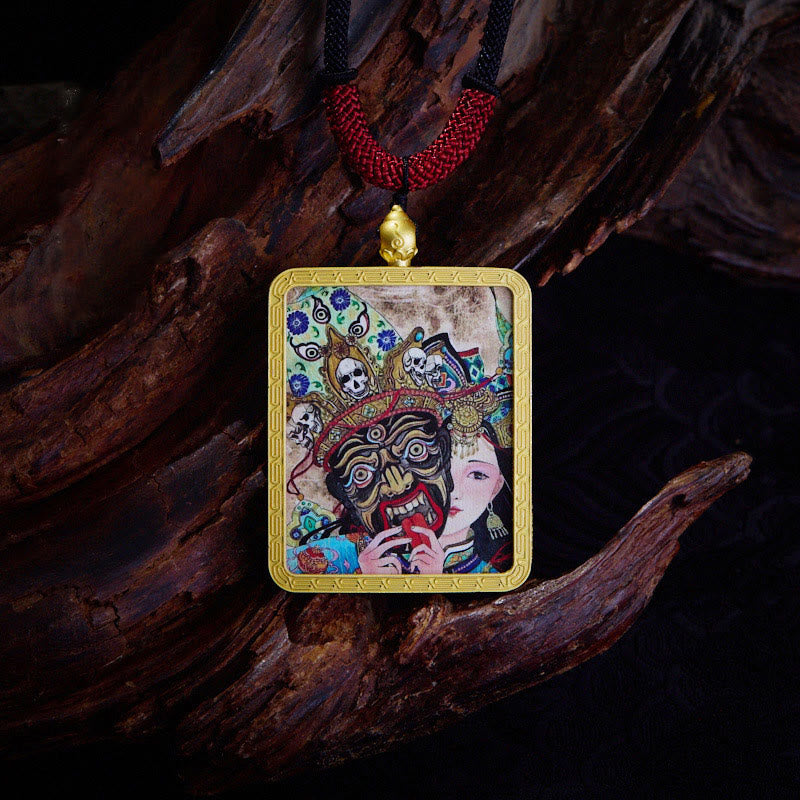 KarmaRipple's Tibetan Zakiram Nine Tailed Fox Yellow God of Wealth Painted Thangka Hope Pendant Necklace p22
