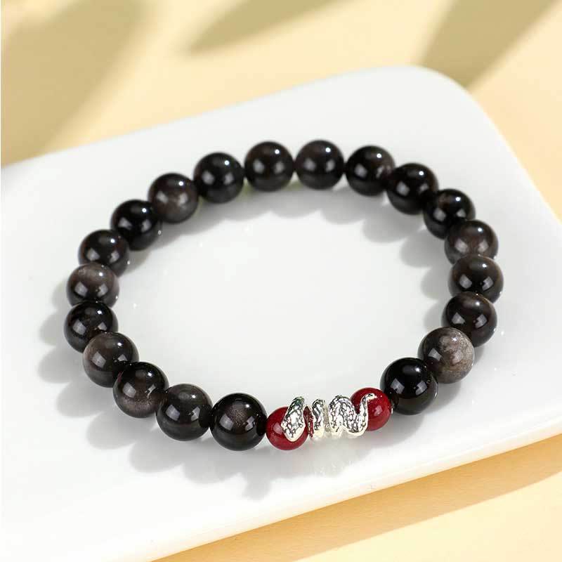 KarmaRipple's Silver Sheen Obsidian Cinnabar Bronze Year of the Snake Protection Bracelet p2