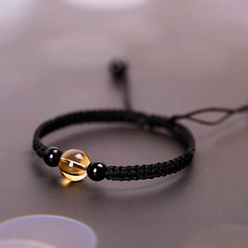KarmaRipple's Handcrafted Citrine Black Obsidian Bead King Kong Weave Peace Weave Fortune Rope Bracelet p12