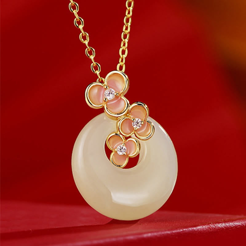 KarmaRipple's 925 Sterling Silver Authentic Hetian Jade Peach Blossom Peace Buckle Zircon Fortune Bracelet Pendant Necklace p3