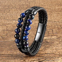 KarmaRipples Lederarmband mit Tigerauge, Hämatit, Lavastein, schwarzem Onyx, Lazurit und Perlenstickerei, Schutz und Stärke