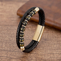 KarmaRipples Lederarmband mit schwarzem Onyx, Türkis, Tigerauge, rotem Achat und Om Mani Padme Hum Strength
