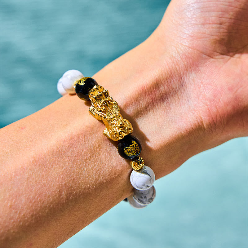 KarmaRipple's Vintage Ivory Turquoise Black Onyx Pixiu Beadwork Blessing Bracelet p5