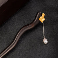 KarmaRipple's Haarnadel aus 925er Sterlingsilber im klassischen chinesischen Stil mit Ebenholz-Lotusblüte und Perlenquaste