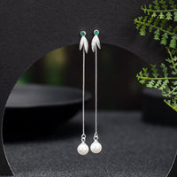 KarmaRipple's 925 Sterling Silber Zirkon Perle Bambus Blätter Schutz Tropfen Ohrringe