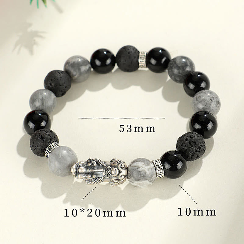 KarmaRipple's 999 Sterling Silver PiXiu Black Onyx Grey Jasper Lava Rock Protection Bracelet p11