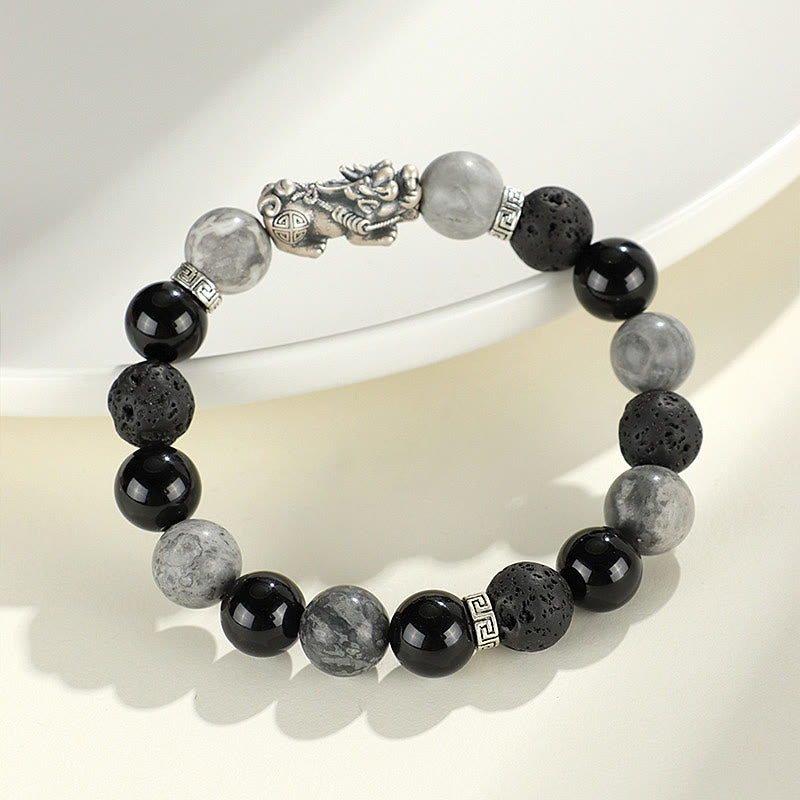 KarmaRipple's 999 Sterling Silver PiXiu Black Onyx Grey Jasper Lava Rock Protection Bracelet p3