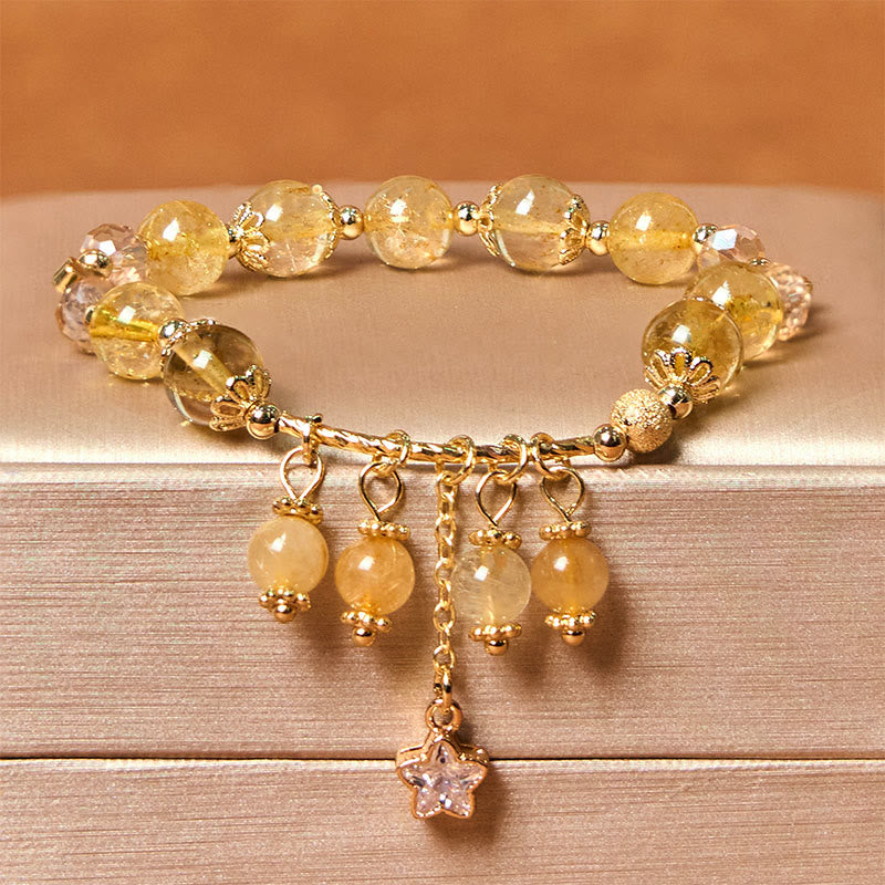 KarmaRipple's Authentic Colored Yellow Rutilated Quartz Four Leaf Clover Star Auspiciousness Bracelet p1