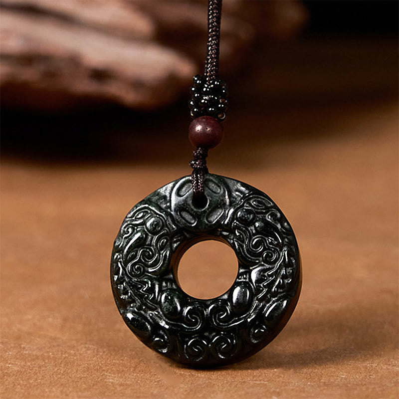 KarmaRipple's Tibetan Nanyang Black-Green Jade PiXiu Peace Buckle Protection Pendant Necklace p3
