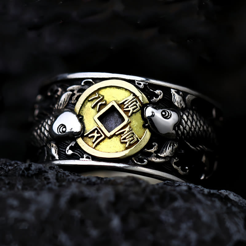 KarmaRipple's Adjustable Opening 925 Sterling Silver Fortunate Koi Fish Bronze Coin Auspicious Clouds Wealth Ring p1