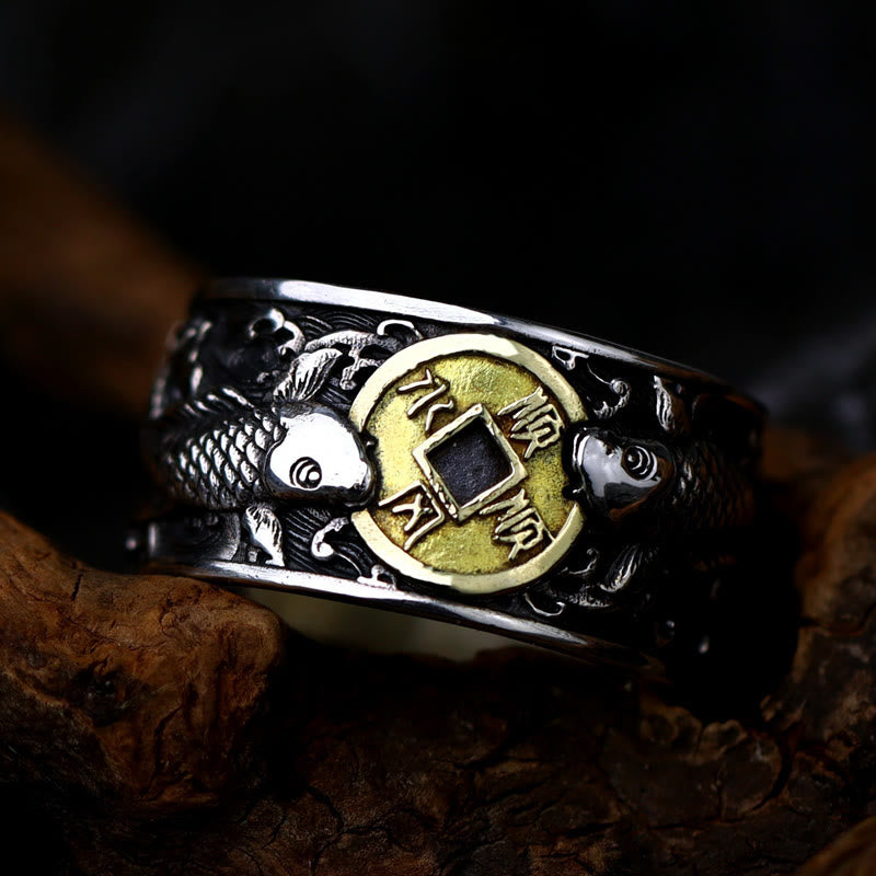 KarmaRipple's Adjustable Opening 925 Sterling Silver Fortunate Koi Fish Bronze Coin Auspicious Clouds Wealth Ring p13