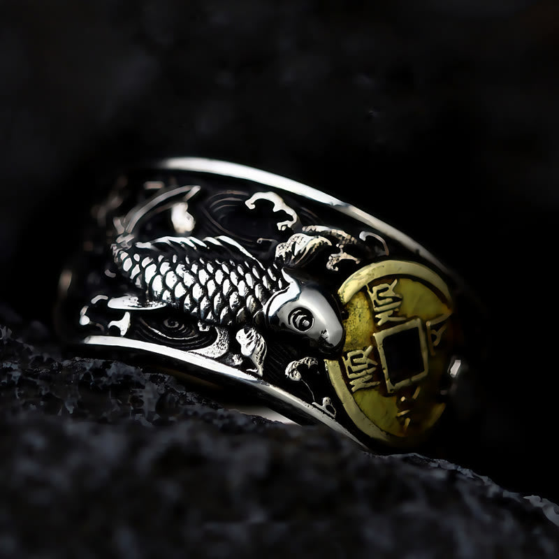 KarmaRipple's Adjustable Opening 925 Sterling Silver Fortunate Koi Fish Bronze Coin Auspicious Clouds Wealth Ring p15