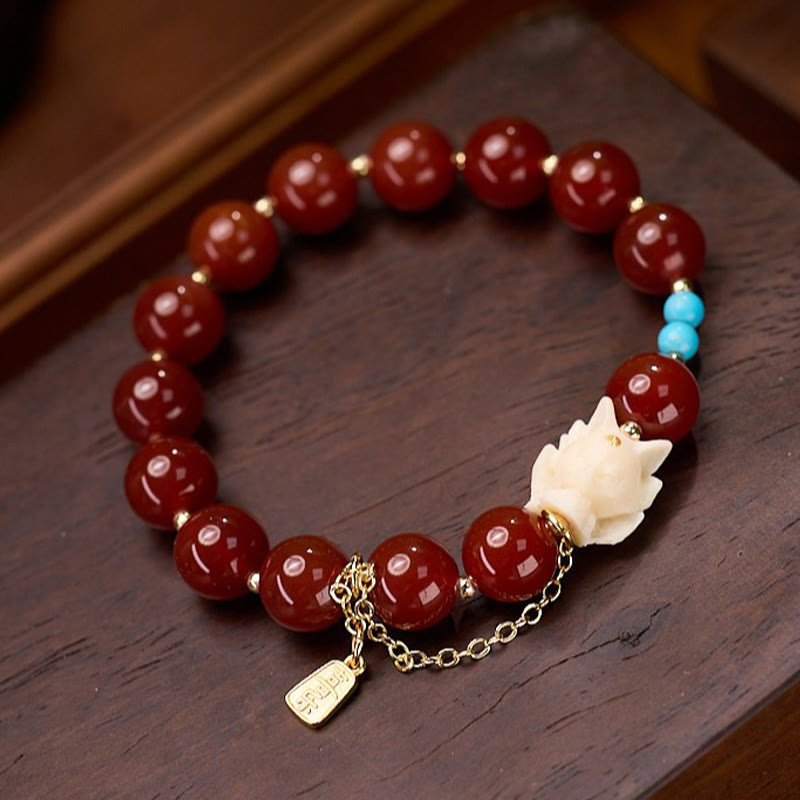 KarmaRipple's Nine Tailed Fox Joy Red Agate Ivory Fruit Bronze Plated Gold Confidence Bracelet p3
