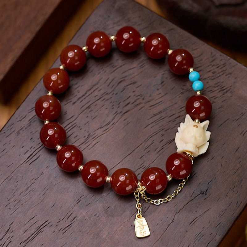 KarmaRipple's Nine Tailed Fox Joy Red Agate Ivory Fruit Bronze Plated Gold Confidence Bracelet p2