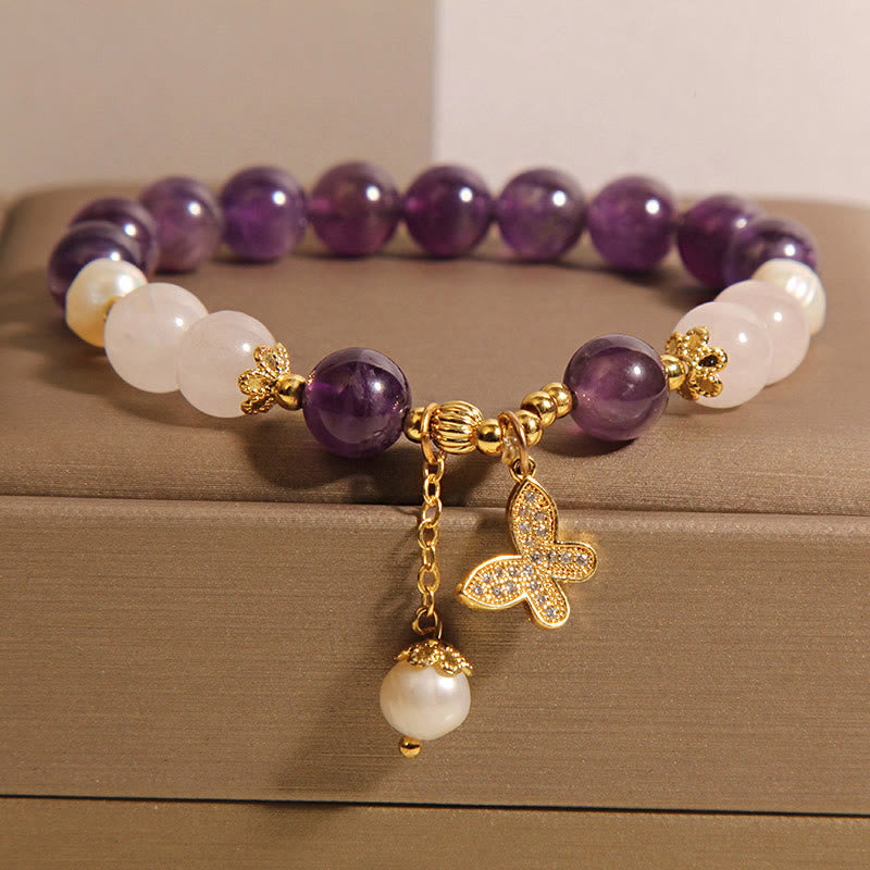 KarmaRipple's Authentic Amethyst Pearl Gemstone Spiritual Balancing Butterfly Talisman Bracelet p1