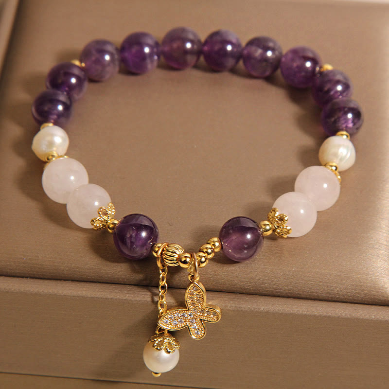 KarmaRipple's Authentic Amethyst Pearl Gemstone Spiritual Balancing Butterfly Talisman Bracelet p4