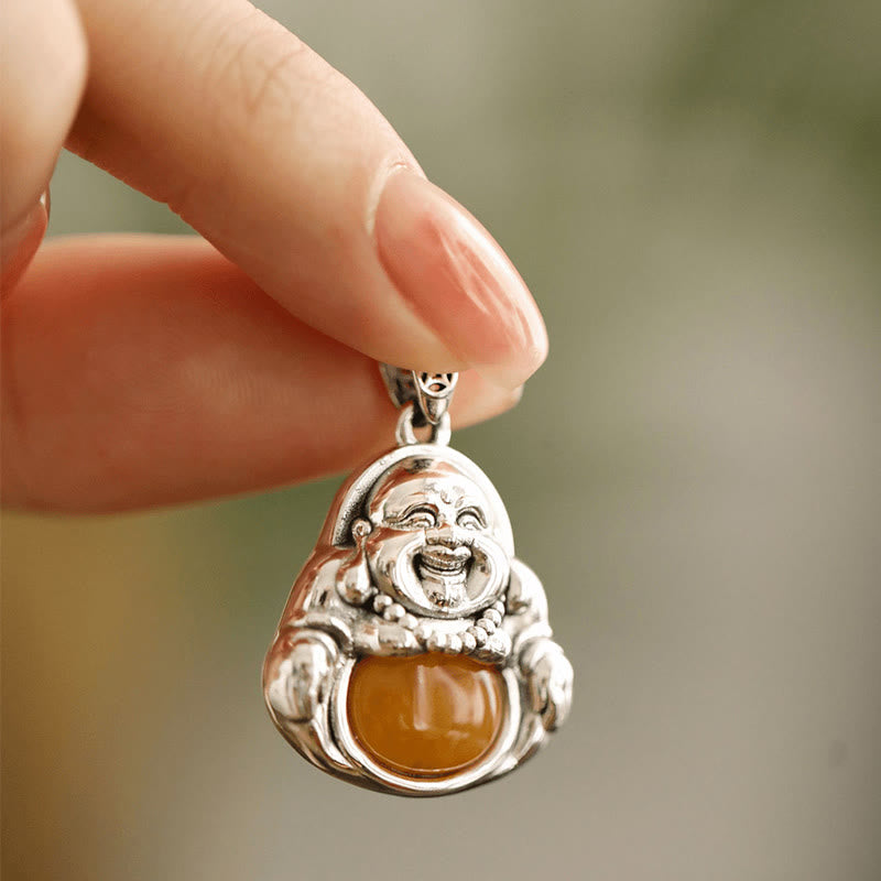 KarmaRipple's Bronze Laughing Buddha Pattern Amber Fortune Pendant Necklace p8