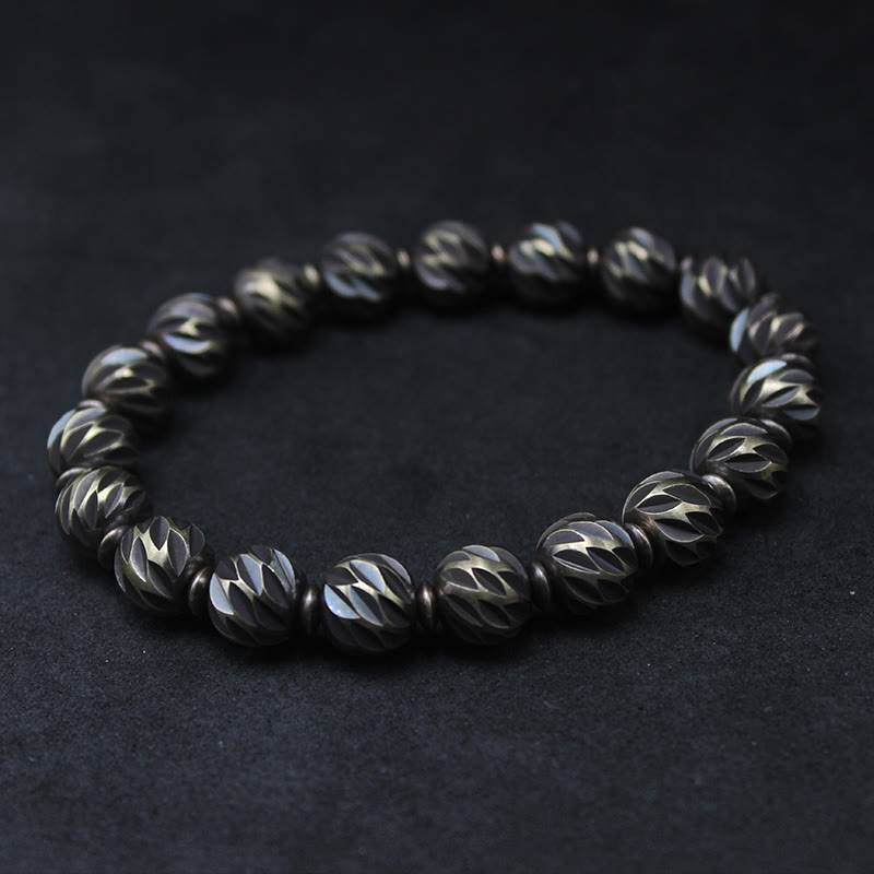 KarmaRipple's Vintage Distressed Knife Carving Pattern Bronze Brass Beadwork Wealth Bracelet p24