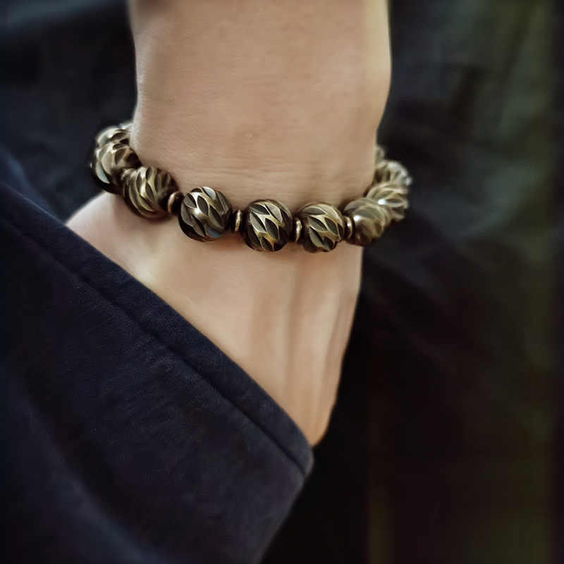 KarmaRipple's Vintage Distressed Knife Carving Pattern Bronze Brass Beadwork Wealth Bracelet p9