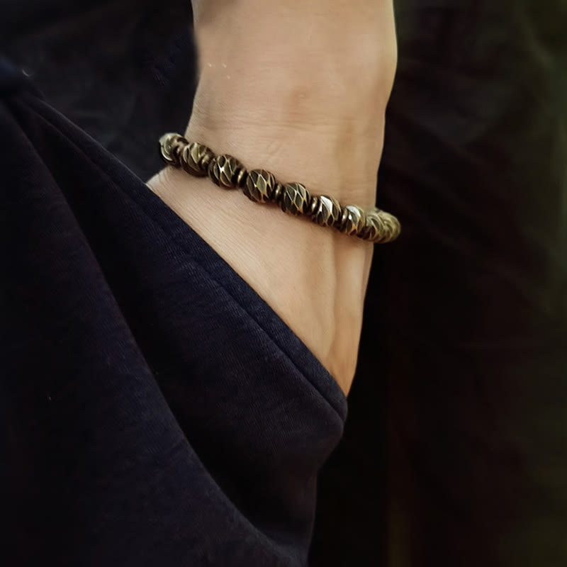 KarmaRipple's Vintage Distressed Knife Carving Pattern Bronze Brass Beadwork Wealth Bracelet p8