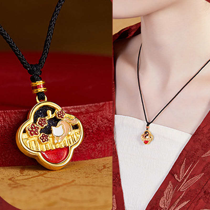 KarmaRipple's 925 Sterling Silver Plum Blossom Cat Four Leaf Clover Blessing Pendant Necklace p9