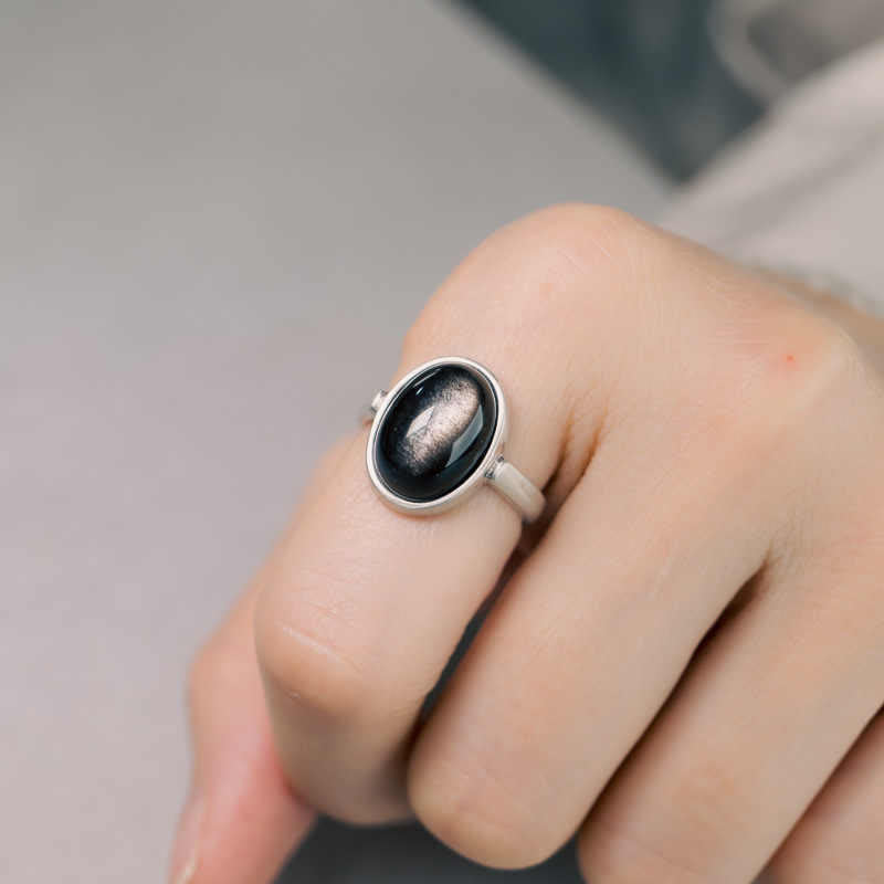 KarmaRipple's Authentic 925 Sterling Silver Silver Sheen Obsidian Adjustable Protection Ring p16