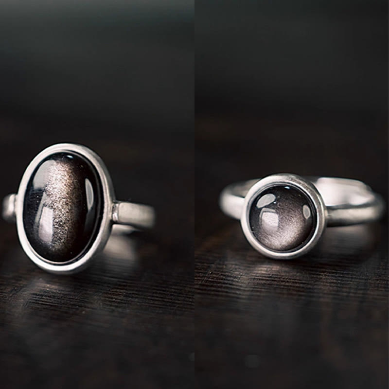 KarmaRipple's Authentic 925 Sterling Silver Silver Sheen Obsidian Adjustable Protection Ring p14