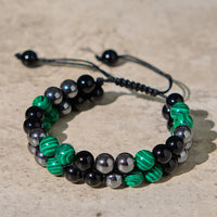 KarmaRipples authentisches Anti-Angst-Armband mit zweireihiger Perlenstickerei aus Malachit, schwarzem Magnetit und schwarzem Obsidian