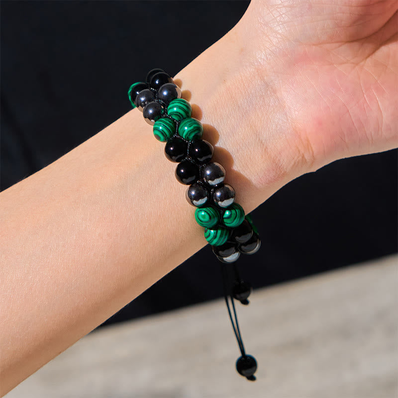 KarmaRipple's Authentic Malachite Black Magnetite Black Obsidian Double Row Beadwork Anti-Anxiety Bracelet p5