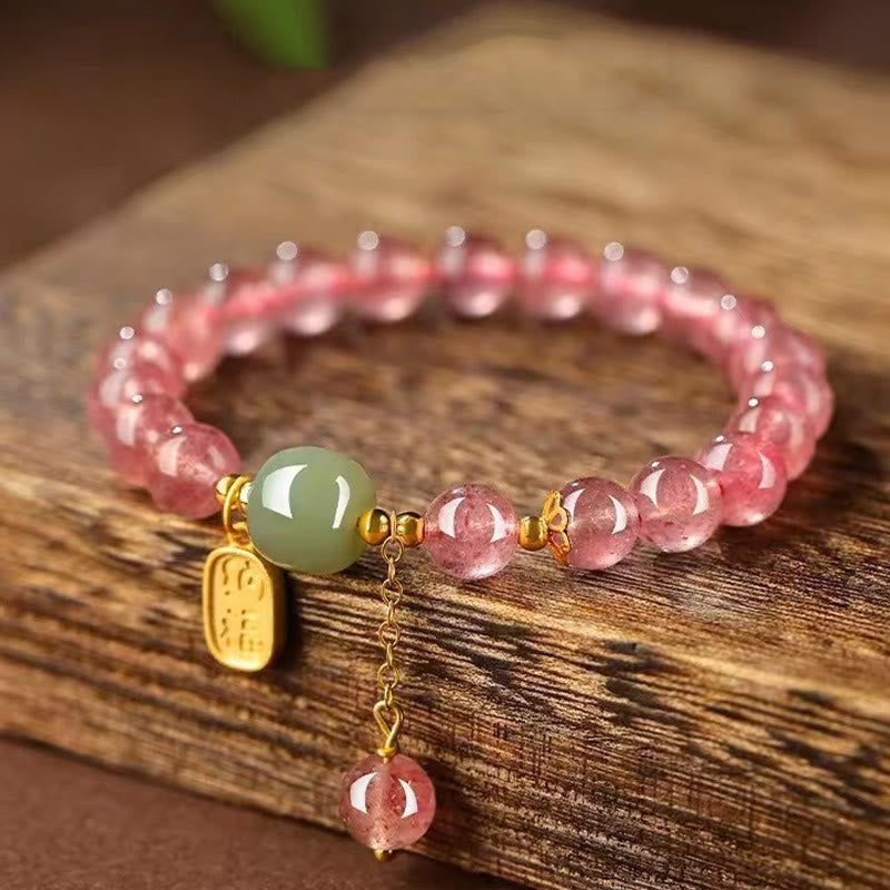 KarmaRipple's Authentic Strawberry Quartz Fu Character Jade Positive Balancing Bracelet p1