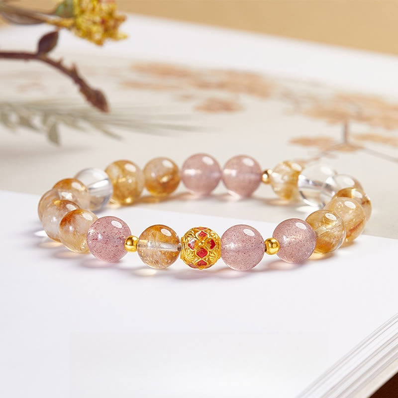 KarmaRipple's 999 Sterling Silver Citrine Strawberry Quartz Ivory Gemstone Protection Bracelet p13