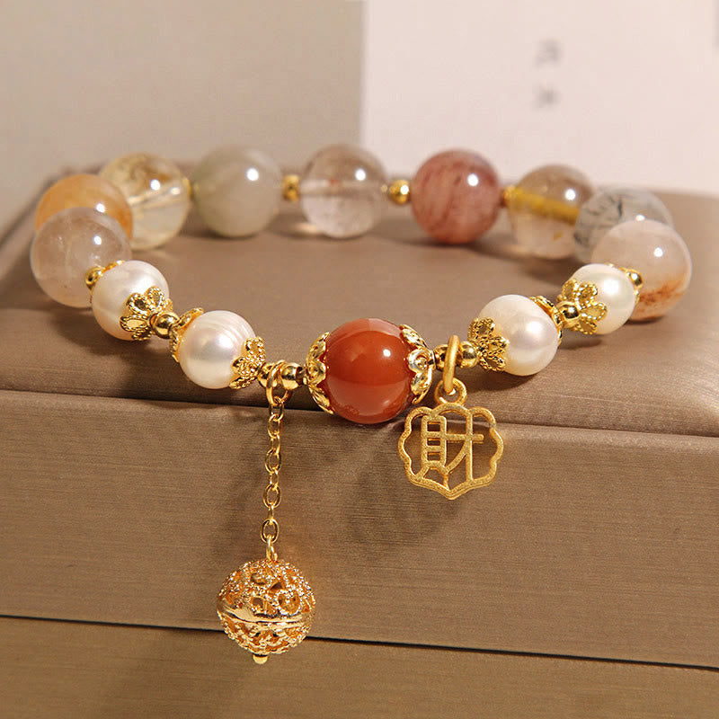 KarmaRipple's Authentic Rutilated Quartz Pearl Attract Fortune Wealth Bracelet p1
