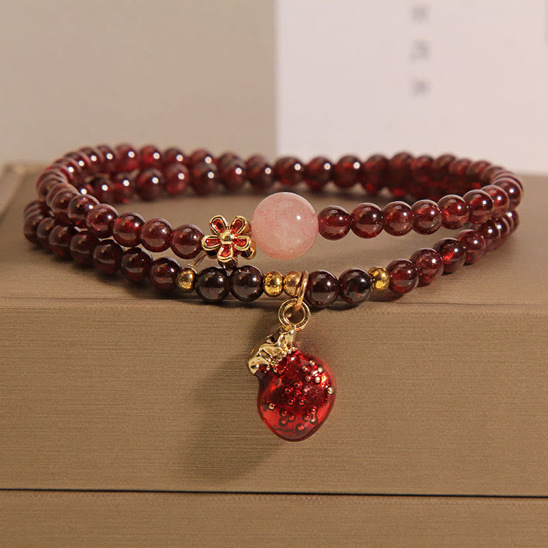KarmaRipple's Authentic 3mm Ultra-thin Garnet Rose Quartz Beadwork Money Bag Bell Flower Protection Bracelet p12