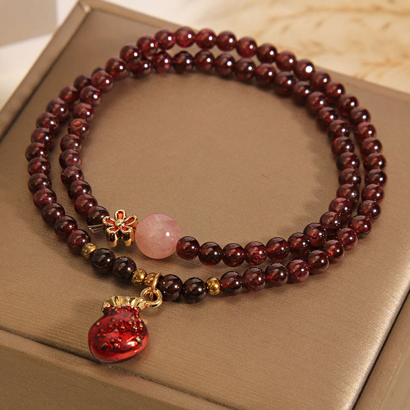 KarmaRipple's Authentic 3mm Ultra-thin Garnet Rose Quartz Beadwork Money Bag Bell Flower Protection Bracelet p7