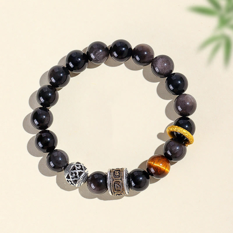KarmaRipple's Silver Sheen Obsidian Tiger Eye Om Mani Padme Hum Protection Bracelet p4