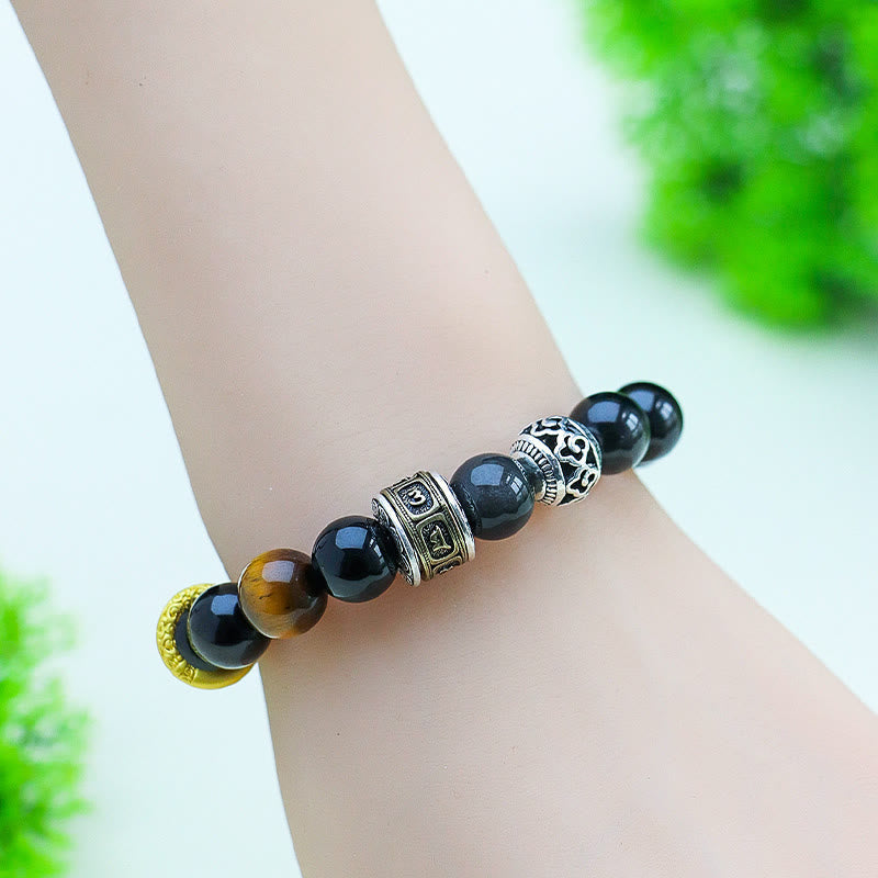 KarmaRipple's Silver Sheen Obsidian Tiger Eye Om Mani Padme Hum Protection Bracelet p7