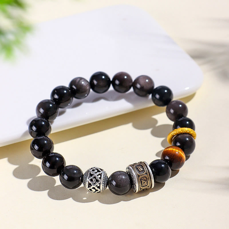 KarmaRipple's Silver Sheen Obsidian Tiger Eye Om Mani Padme Hum Protection Bracelet p3