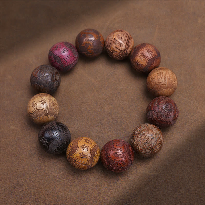 KarmaRipple's Carving Sandalwood Chinese Zodiac Auspicious Dragon Phoenix Fu Character Balancing Bracelet p7