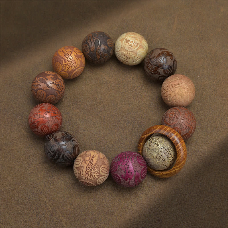 KarmaRipple's Carving Sandalwood Chinese Zodiac Auspicious Dragon Phoenix Fu Character Balancing Bracelet p8